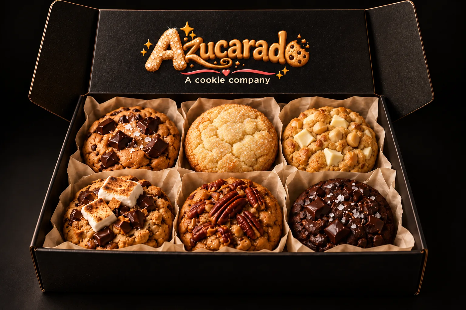 Open Azucarado box with chocolate chunk, quesito, white chocolate macadamia, s’mores, caramel pecan and espresso cookies