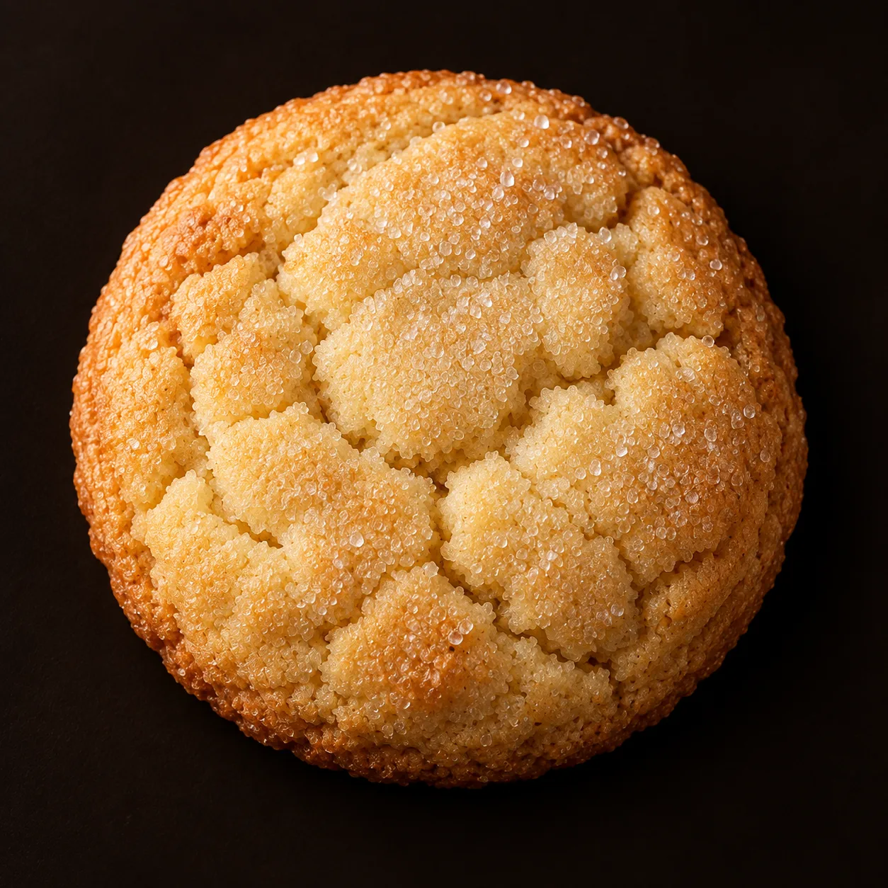 AI-generated Quesito Cookie concept: a vanilla cream cheese cookie with golden edges and a sparkling sugar crust, on a dark chocolate-brown background.